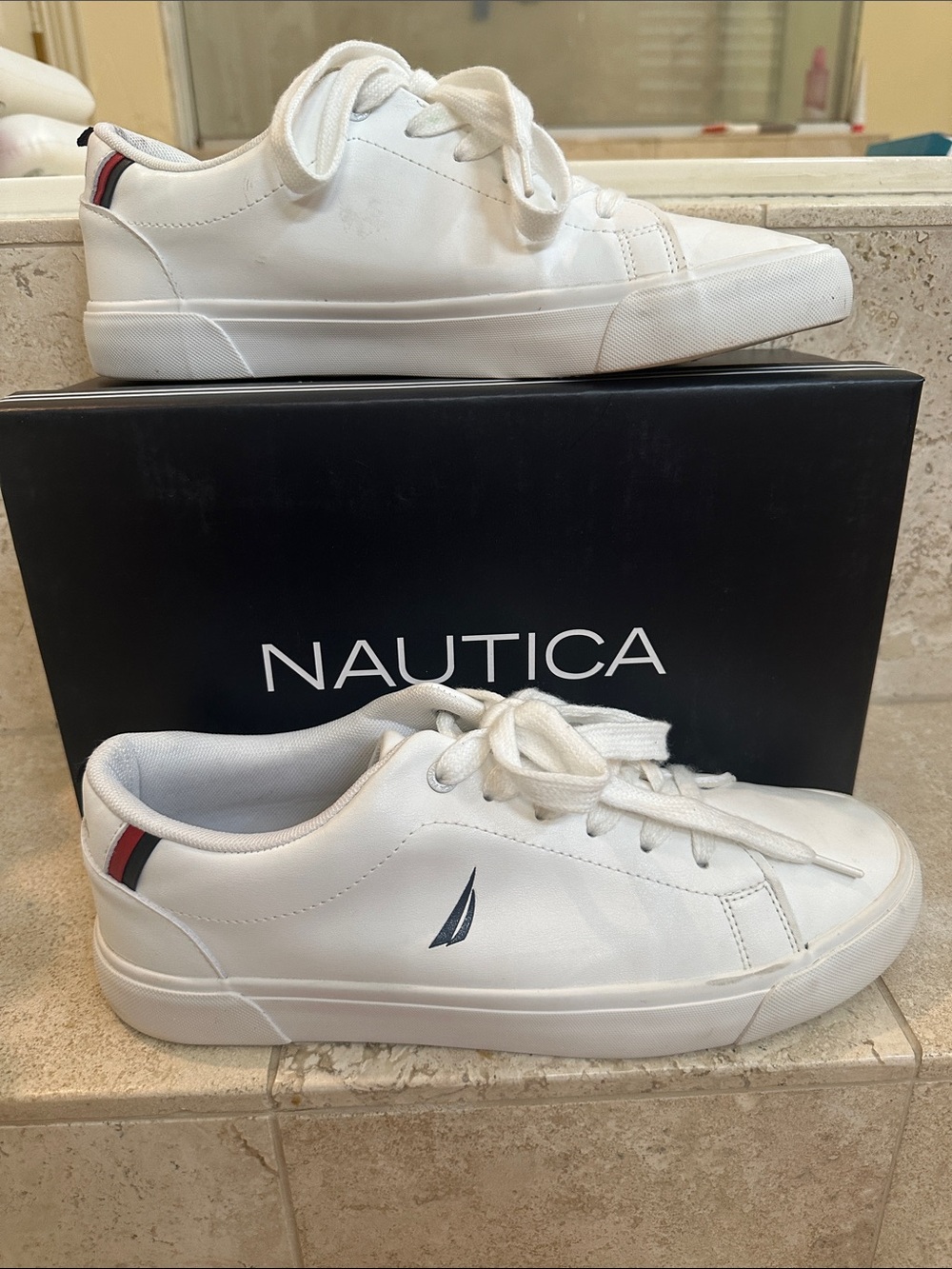 Nautica White Leather Lace-Up Sneakers with Red and Navy Heel Stripe